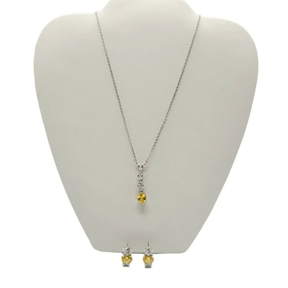 Sterling Silver .925 Clear Yellow Colored Glass Rhinestone Necklace Earring Set - Picture 1 of 7